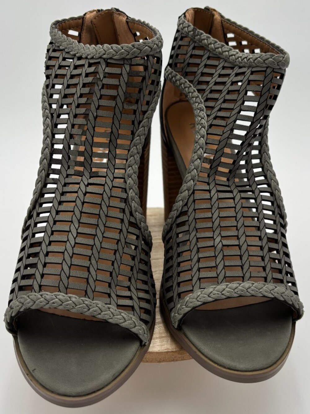Report Olive Grey Woven Cage Gladiator Block Heels Open Toe Booties Shoes
